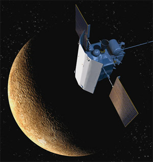 Космический зонд Messenger (MErcury Surface, Space ENvironment, GEochemistry, and Ranging spacecraft) в январе 2008 года приблизился к Меркурию. Изображение «Популярная механика»
