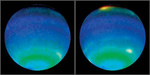 Атмосфера Нептуна состоит в основном из водорода (80%), гелия (19%) и метана (1%). Именно спектральные характеристики рассеяния метана определяют характерный голубой с зеленым оттенком цвет планеты, гармонирующий с ее названием. Изображение: «Популярная механика»