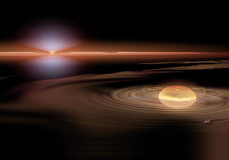 Юная планета-гигант захватывает газ из диска вокруг новорожденной звезды. Изображение «В мире науки»