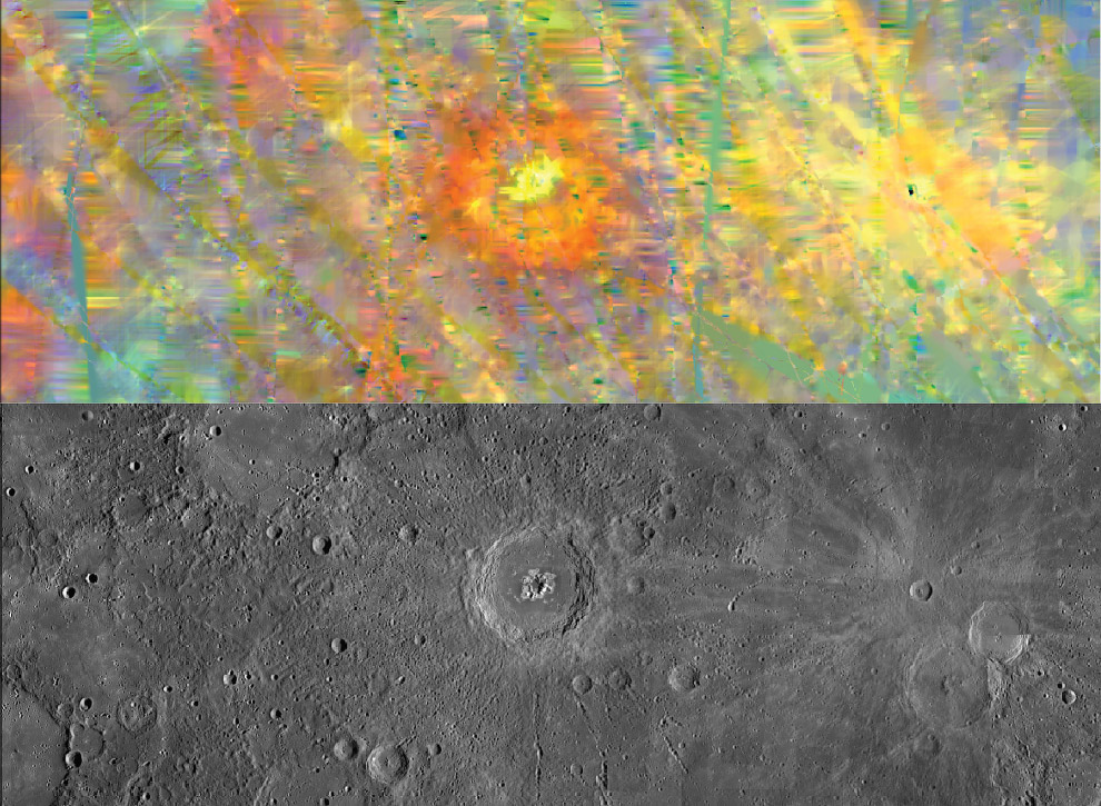 Изображения 130-километрового кратера Эминеску в видимом свете и в ИК-спектре