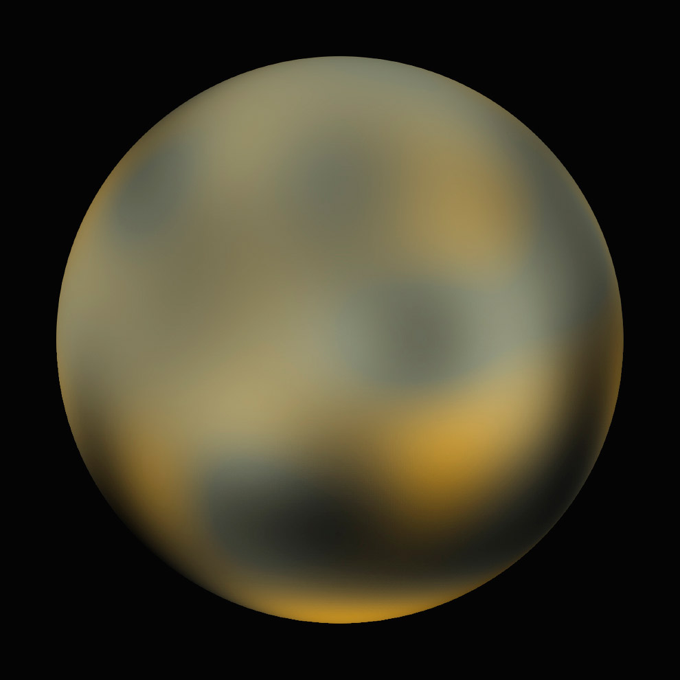 Вид поверхности карликовой планеты Плутон, построенный из нескольких фотографий 2002-2003 года с космического телескопа Хаббла