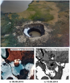 Ямальский кратер 15 июля 2015 года (фотография Руслана Аманжурова) и спутниковые снимки высокого разрешения 2012 ( а ) и 2013 года ( б )
