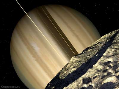 Вид с Мимаса на Сатурн. Фантазия художника.