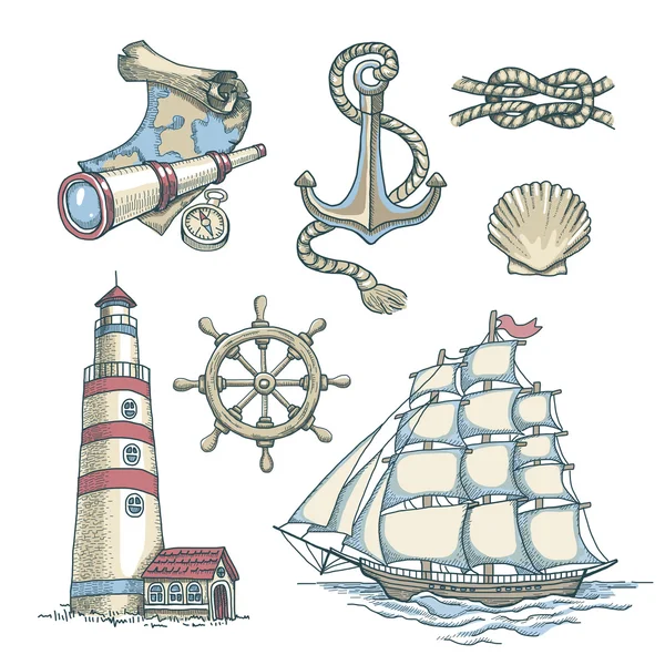 Набор векторных иллюстраций и морских — стоковый вектор