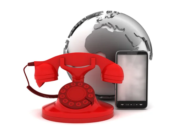 Красный вращающихся телефон, сотовый телефон и глобус Земли — стоковое фото