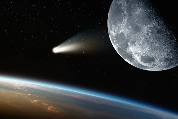 Земля, Луну, кометы в пространстве — стоковое фото