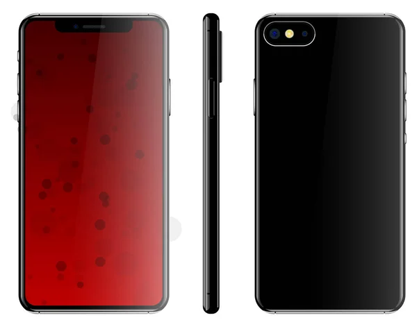 Новый черный смартфон изолированные белый фон стойки задней стороне экрана красный векторные иллюстрации — стоковый вектор