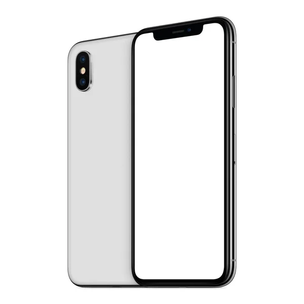 White rotated smartphones mockup similar to iPhone X front and back sides one behind the other isolated on white background — стоковое фото