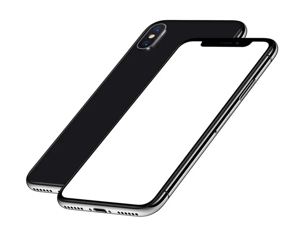 Black isometric smartphones mockup front and back sides one behind the other similar to iPhone X — стоковое фото