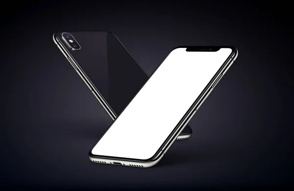 Similar to iPhone X perspective smartphones mockup back side and front side with white screen on dark background — стоковое фото