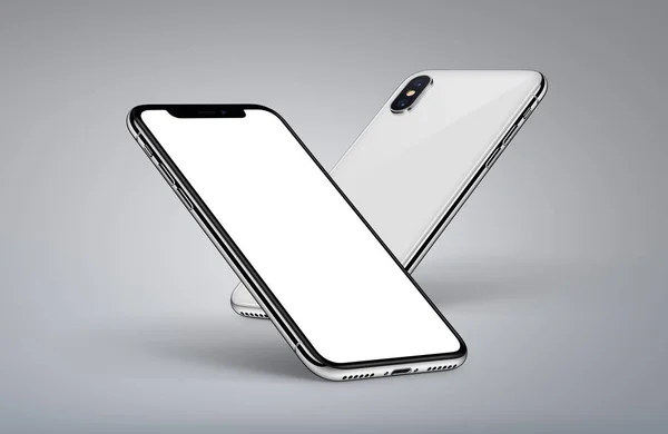 Perspective smartphones similar to iPhone X mockup back side and front side with white screen on light background — стоковое фото