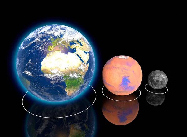 Планетарная, земля, Марс и Луна пропорции, соотношение, диаметр, масштабы и размеры, орбиты — стоковое фото