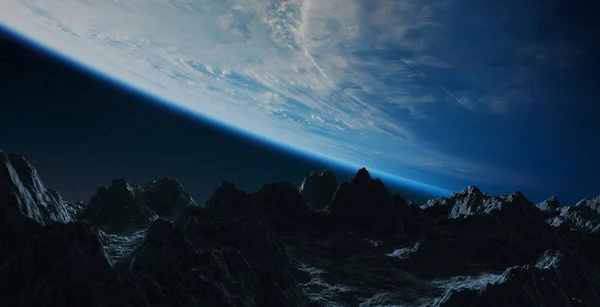 Темный Полет Астероидов Близко Планете Земля Рендеринга Элементов Пространства Этого — стоковое фото