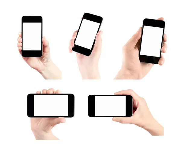 Набор мобильного смартфона с пустым экраном в руке — стоковое фото