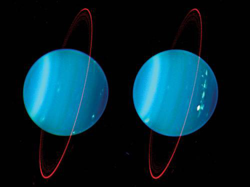 Кольца Нептуна. В середине 1980-х астрономы обратили внимание на то, что при прохождении планеты на фоне далеких звезд происходят дополнительные «затмения» перед прохождением и после него. Окончательно удалось подтвердить наличие колец в 1989 году, когда Voyager 2 передал на Землю данные об окрестностях Нептуна. Сейчас известны шесть колец Нептуна, пять из них названы в честь астрономов, принимавших участие в открытии планеты. Внутреннее кольцо носит имя Галле, затем идут кольца Леверье, Ласселла, Араго, безымянное пока кольцо и внешнее кольцо Адамса, состоящее из пяти ярких дуг, названных Fraternite, Egalite 1 и 2, Liberte и Courage («Братство», «Равенство» 1 и 2, «Свобода» и «Отвага») французским астрономом Андре Браиком, который обнаружил их в 1984–1985 годах. Изображение: «Популярная механика»