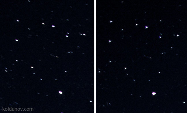 Сравнение двух фотографий звёзд, снятых на разных выдержках.