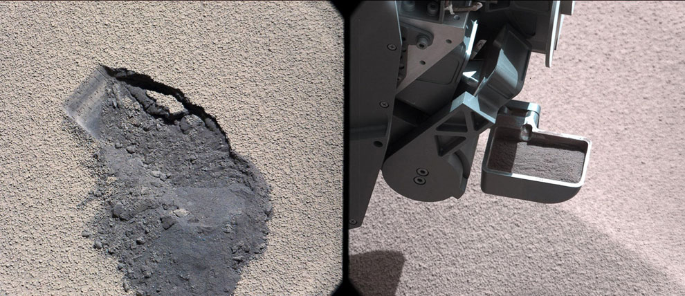 Труженик-марсоход Curiosity продолжает свою деятельность на поверхности Красной планеты. Вот он зачерпнул своим совком грунт для исследования
