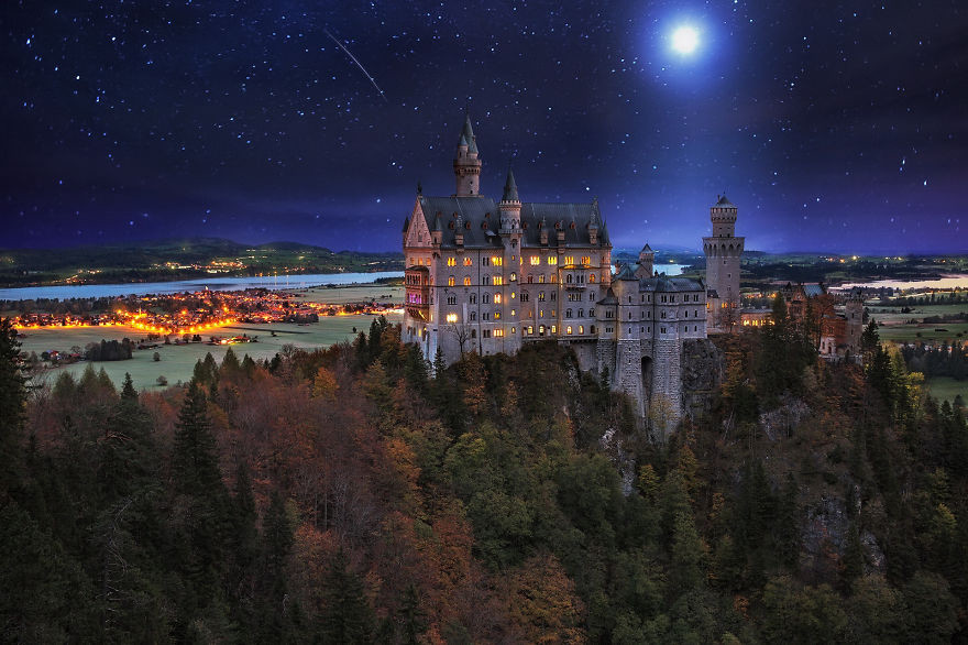 Замок Нойшванштайн, Германия астрономия, день, звезды, небо