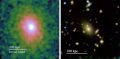 Слева: снимок PKS 1353−341 телескопа «Чандра», на котором виден яркий центральный источник и окружающее его рассеянное излучение кластера. Справа: снимок Magellan PISCO внутренней части галактического кластера, на котором видна гигантская эллиптическая галактика в самом центре  © MIT