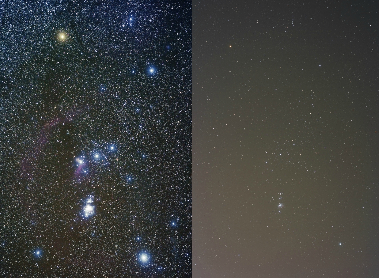 Звезды в телескоп (справа) и невооруженным глазом (слева)