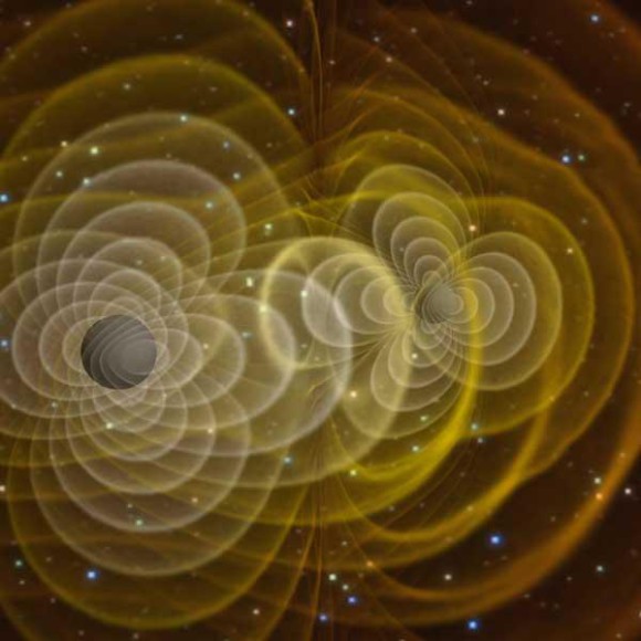 Черные дыры искажают пространство-время (желтые линии) и излучают гравитационные волны (изображение: Henze/NASA)