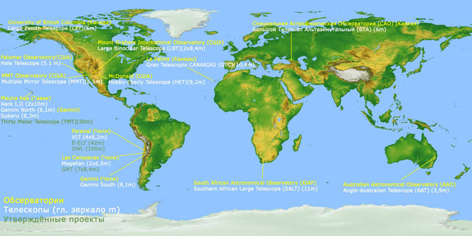 Карта мира. Расположение самых больших телескопов.
