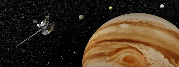 Космический аппарат Вояджер возле Юпитера и его спутников - 3d визуализация — стоковое фото