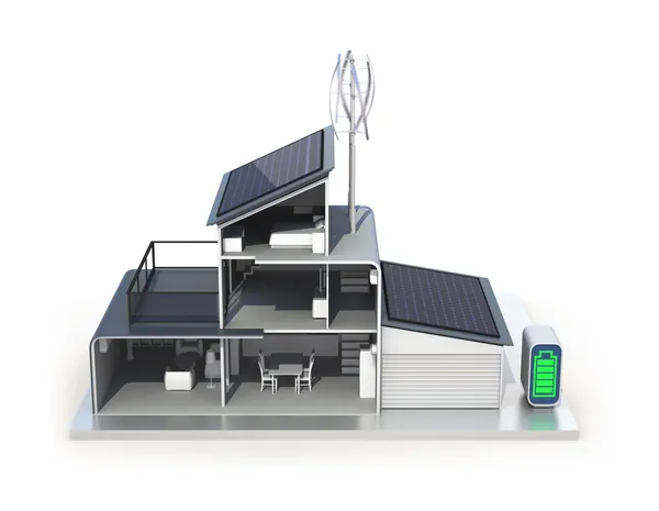 Дом s энергетическая поддержка солнечной энергией и энергией ветра — стоковое фото