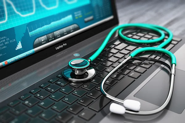 Ноутбук с медицинским диагностическим программным обеспечением и стетоскопом — стоковое фото