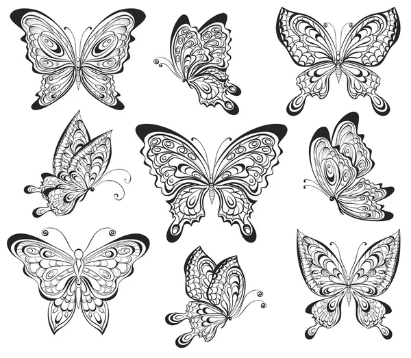Векторный набор черных и белых каллиграфических бабочек изолирован на белом фоне. дизайн татуировки — стоковый вектор