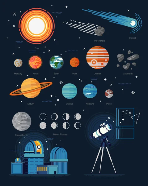 Астрономия плоский иконки с планетами — стоковый вектор