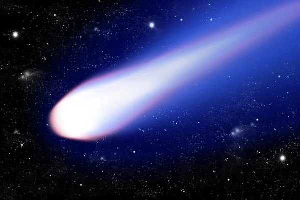 Блестящая кометы с синим хвостом на фоне звездного — стоковое фото
