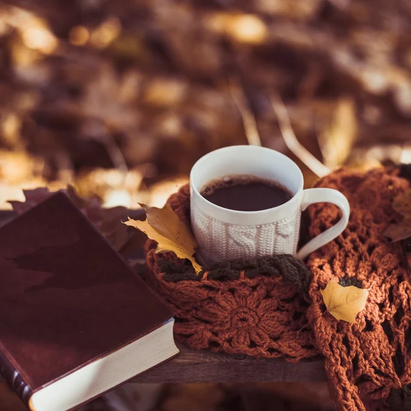 Горячий кофе и красной книги с осенние листья на фоне древесины - сезонный отдых концепции — стоковое фото
