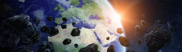 Панорамный вид планеты Земля с полет астероидов закрыть 3d ре — стоковое фото