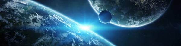 Панорама далекой планете системы в пространстве 3d визуализации элементов — стоковое фото