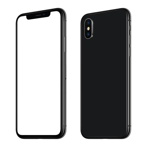 New black smartphone similar to iPhone X mockup front and back sides CW rotated isolated on white background — стоковое фото