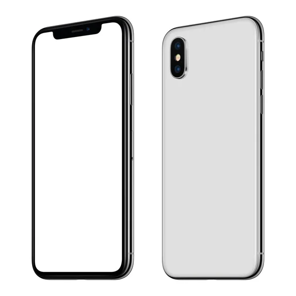 New white smartphone mockup similar to iPhone X front and back sides CW rotated isolated on white background — стоковое фото