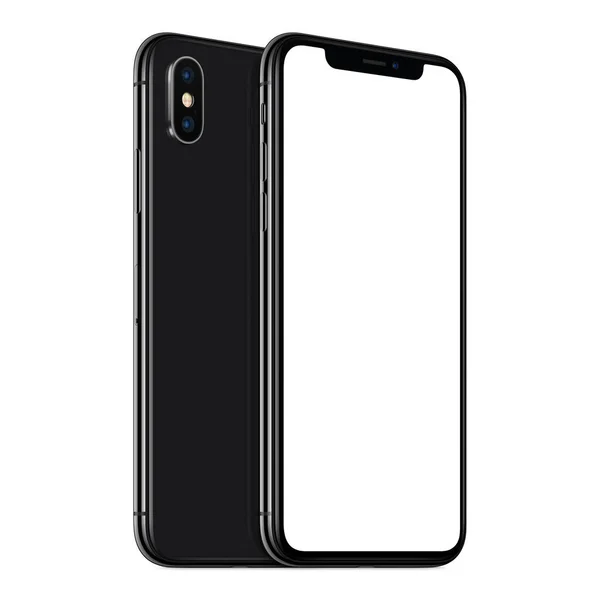Black rotated smartphones similar to iPhone X mockup front and back sides one above the other isolated on white background — стоковое фото