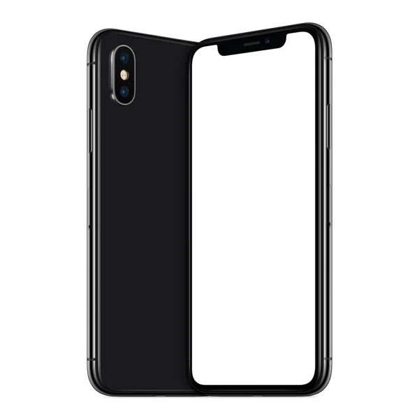 Black turned smartphones similar to iPhone X mockup front and back sides facing each other — стоковое фото