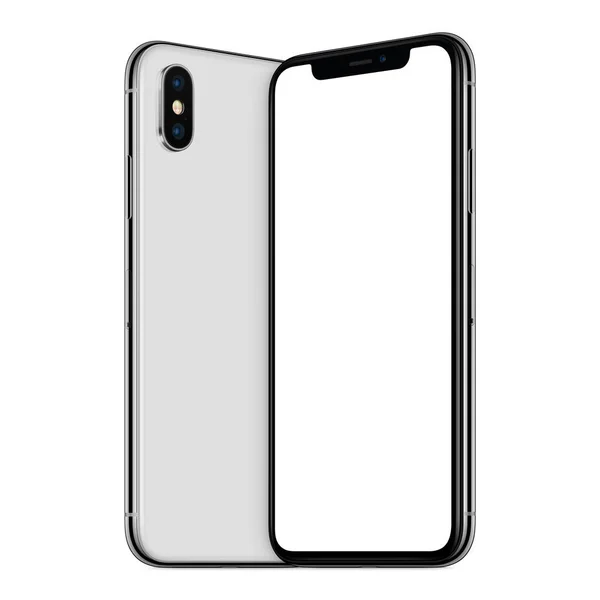 White turned smartphones similar to iPhone X mockup front and back sides facing each other — стоковое фото