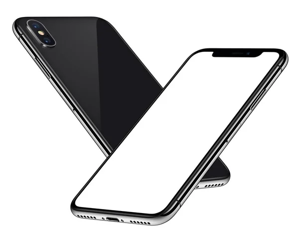 Black smartphones mockup similar to iPhone X soaring in the air back side behind front side with white screen — стоковое фото