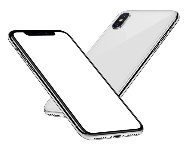 White smartphones mockup similar to iPhone X soaring in the air back side behind front side with white screen — стоковое фото