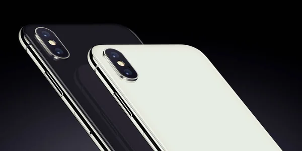 Close up black and white isometric smartphones similar to iPhone X back sides with camera modules cropped — стоковое фото