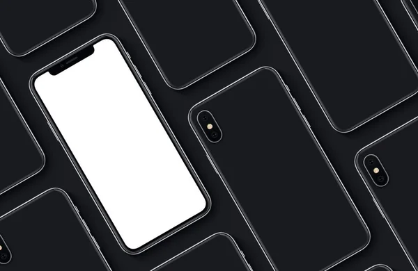 Set of similar to iPhone X smartphones mockup pattern front and back sides top view flat lay on black background — стоковое фото