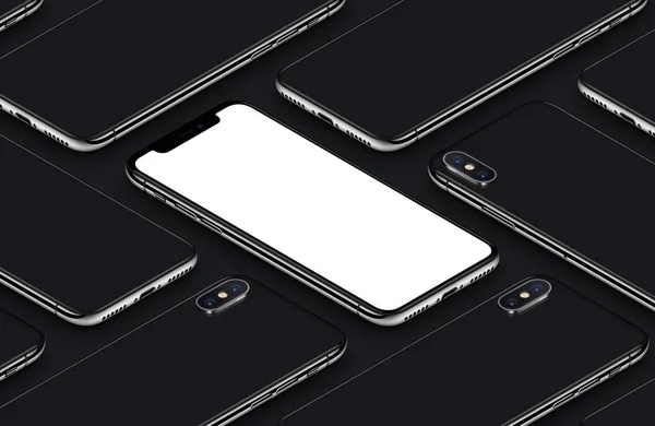 Similar to iPhone X perspective isometric smartphone mockup pattern front side and back sides black poster — стоковое фото