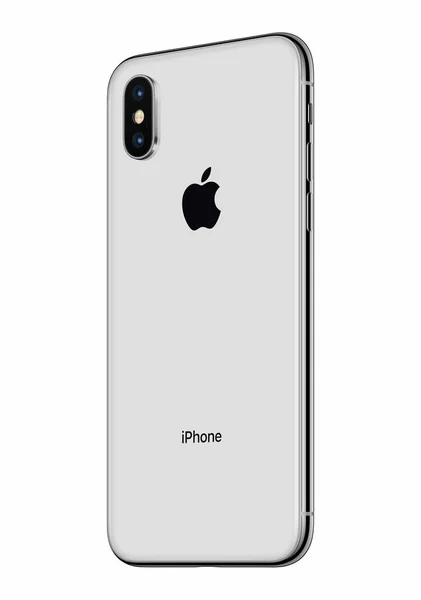Серебряный iphone Apple X задняя сторона слегка наклоненный влево, изолированные на белом фоне — стоковое фото
