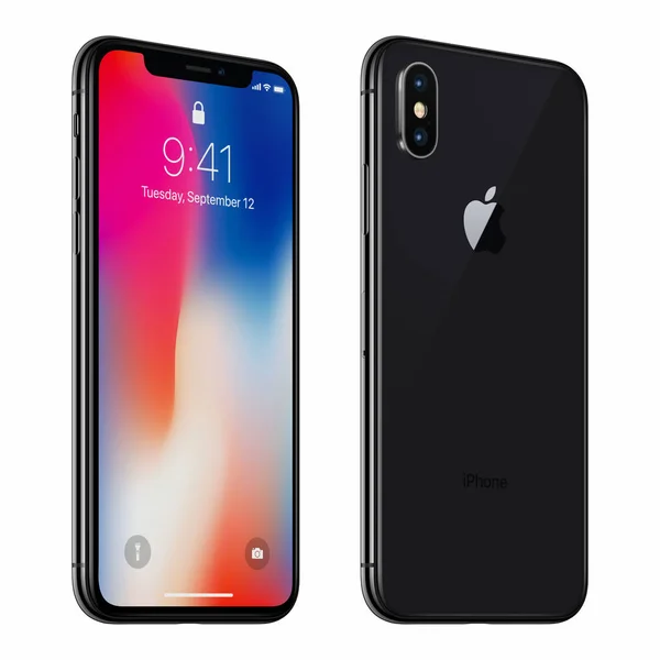 Черный вращать iphone Apple X с ios 11 lockscreen лицевой и обратной стороне, изолированные на белом фоне — стоковое фото