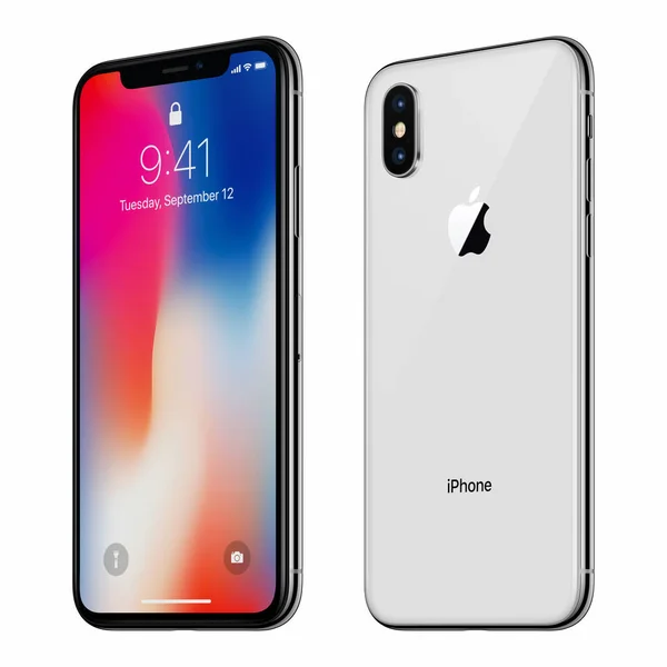 Белый вращать iphone Apple X с ios 11 lockscreen лицевой и обратной стороне, изолированные на белом фоне — стоковое фото