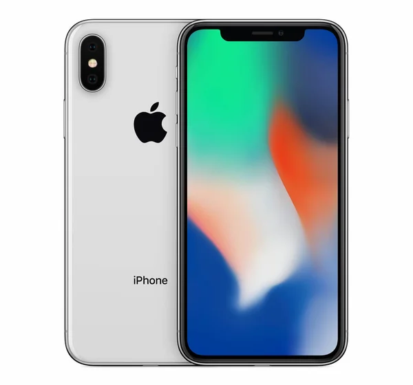 Серебряный Apple iphone X макет вид спереди с обои экрана и iphone 10 сзади за ним — стоковое фото