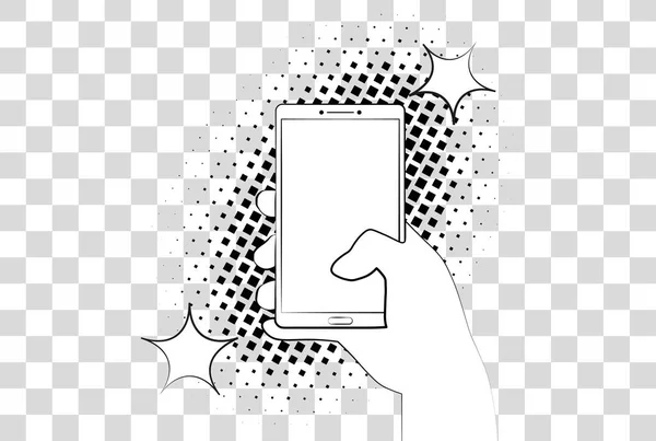 Комикс phablet с полутона теней. Рука Холдинг смартфон. Векторные иллюстрации eps 10 изолированные на фоне — стоковый вектор